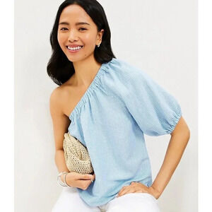 Loft Striped Linen Blend One Shoulder Blouse Size Medium Blue & White Women’s